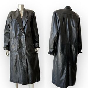 Vintage 80s Black Leather Long Coat Duster Trench XL Removable Liner Goth 90s
